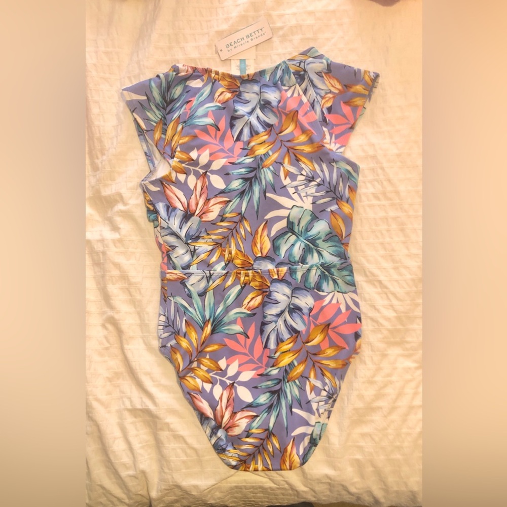 NWT Beach Betty Blue Tropical Floral One Piece Front Zip Slimming Swimsuit SMALL - Picture 6 of 7